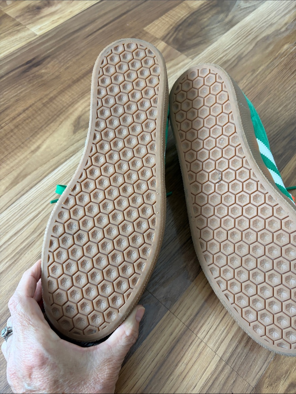adidas Gazelle ADV shoes in a "Green/Cloud White/Gum" colorway. - Picture 3 of 8